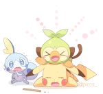  &gt;_&lt; blue_eyes blush_stickers closed_eyes fang gen_1_pokemon gen_8_pokemon grookey mei_(maysroom) no_humans open_mouth pikachu pokemon pokemon_(creature) smile sobble starter_pokemon stick sweatdrop tearing_up tongue trembling 