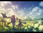  animal_ears backpack bag blue_sky clenched_hand cloud copyright_name day facing_away field grass green_hair horns kuina_(escapegoat) long_hair mountainous_horizon nasse_piratelcer outdoors pixiv_fantasia_mountain_of_heaven scenery sheena_(mountain_of_heaven) sky snowflakes snowing walking white_hair 