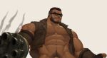  1boy abs absurdres amputee bara bare_shoulders barret_wallace beard black-framed_eyewear bottomless brown_hair chest_hair facial_hair final_fantasy final_fantasy_vii glasses highres jacket large_pectorals looking_at_viewer male_cleavage male_focus male_pubic_hair mature_male muscular muscular_male naked_jacket navel navel_hair nipples out-of-frame_censoring pubic_hair reward_available scar scar_on_cheek scar_on_face short_hair sleeveless sleeveless_jacket solo stomach undercut upper_body whyhelbram 