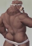  2021 absurd_res accessory adios anthro back_muscles blush brown_body brown_eyes brown_fur butt butt_squish claws clothed clothing finger_claws fur headband hi_res looking_at_viewer looking_back male mammal muscular muscular_anthro muscular_male neck_tuft portrait rear_view shush simple_background solo squish standing three-quarter_portrait triceps tuft underwear underwear_down underwear_only undressing ursid 