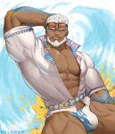  1boy abs aegir_(tokyo_houkago_summoners) anchor_earrings aqua_hair arm_behind_head bara beard black-framed_eyewear blue_eyes bulge dark_skin dark_skinned_male earrings eyewear_on_head facial_hair fins highres jewelry large_pectorals male_cleavage male_focus male_swimwear mature_male multicolored_hair muscular muscular_male navel open_clothes open_shirt reward_available short_hair single_earring solo spread_legs stomach streaked_hair swim_briefs swimwear thick_thighs thighs tokyo_houkago_summoners white_hair white_male_swimwear whyhelbram 