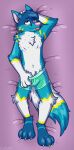  absurd_res anthro blush boxer_briefs canid canine canis clothing clothing_pull dakimakura_design ferdinand_the_folf fox hand_behind_head hand_in_pants hi_res hybrid looking_at_viewer male mammal rodraccoon solo teasing underwear underwear_pull wolf 