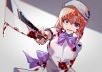  1girl blood blood_on_face bloody_clothes bloody_weapon blue_eyes dress evil_smile hat hatchet higurashi_no_naku_koro_ni holding holding_hatchet holding_weapon mihua_(gina10925) open_mouth orange_hair short_sleeves smile solo spoilers weapon white_dress white_headwear 