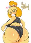  &lt;3 absurd_res animal_crossing anthro big_breasts big_butt blush breasts butt butt_slap canid canine canis clothed clothing curvy_figure dialogue domestic_dog english_text female fur hi_res huge_butt isabelle_(animal_crossing) looking_at_viewer looking_back mammal nintendo saltyxodium shih_tzu slap solo text thick_thighs toy_dog video_games voluptuous yellow_body yellow_fur 