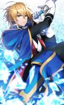  1boy absurdres bangs blazblue blonde_hair closed_mouth eyebrows_visible_through_hair gloves green_eyes hair_between_eyes highres holding holding_sword holding_weapon ice jin_kisaragi kuroshirase long_sleeves short_hair solo sword v-shaped_eyebrows weapon white_gloves yukianesa 