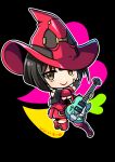  1girl black_hair boots chibi electric_guitar guilty_gear guitar hat i-no instrument red_headwear red_legwear short_hair thigh_boots thighhighs witch_hat 