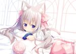  1girl animal_ear_fluff animal_ears ball bangs blurry blurry_background cat_ears cat_girl cat_tail commentary_request depth_of_field dress eyebrows_visible_through_hair frilled_pillow frills grey_hair hair_between_eyes hair_ribbon indoors long_hair long_sleeves looking_at_viewer lying nakkar no_shoes on_stomach original pantyhose pillow pink_ribbon purple_eyes ribbon sleeves_past_wrists soles solo tail white_dress white_legwear window 