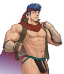 1boy abs absurdres bara bare_arms bare_pecs bare_shoulders black_male_underwear blue_eyes blue_hair erection erection_under_clothes feet_out_of_frame fire_emblem headband highres ike_(fire_emblem) jockstrap large_pectorals looking_at_viewer male_focus male_underwear muscular muscular_male navel navel_hair nipples no_pants red_scarf scarf shirt short_hair sideburns solo stomach thick_thighs thighs underwear whyhelbram 