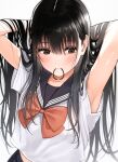  1girl armpit_peek arms_up bangs black_hair black_sailor_collar blush bow bowtie brown_eyes eyebrows_visible_through_hair hair_between_eyes hair_flowing_over highres kentaurosu long_hair looking_away looking_down mole mole_under_eye mouth_hold original red_bow red_neckwear sailor_collar school_uniform serafuku shirt short_sleeves white_shirt 