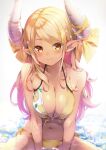  1girl bangs bare_arms bare_shoulders between_legs bikini blonde_hair blush bow breasts brown_eyes cleavage closed_mouth collarbone commentary_request curled_horns dark_skin draph front-tie_bikini front-tie_top granblue_fantasy hand_between_legs highres horn_bow horns kuvira_(granblue_fantasy) large_breasts long_hair looking_at_viewer multicolored_hair navel pilokey pink_hair pointy_ears shallow_water side-tie_bikini sitting smile solo swept_bangs swimsuit two-tone_hair very_long_hair water yellow_bikini yellow_bow 