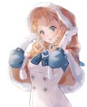  1girl annette_fantine_dominic blue_eyes capelet commentary dress english_commentary fire_emblem fire_emblem:_three_houses gloves hands_up head_tilt highres hood hooded_capelet long_hair looking_at_viewer moja_(moquackja) open_mouth orange_capelet orange_hair simple_background solo upper_body white_background white_dress white_gloves 