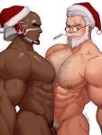  2boys abs absurdres ass bald bara beard blind blush character_request chest_hair completely_nude cowboy_shot dark_skin dark_skinned_male facial_hair flaccid from_side glasses groin hat highres interracial large_pectorals male_focus male_pubic_hair mature_male multiple_boys multiple_penises muscular muscular_male navel navel_hair nipples nude old old_man overwatch pectoral_docking pectoral_press penis penises_touching pubic_hair reinhardt_(overwatch) round_eyewear santa_hat scar scar_across_eye short_hair sideburns stomach thick_thighs thighs white_hair whyhelbram 
