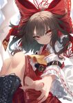  1girl absurdres arm_belt ascot bangs belt blurry blurry_background boots bow brown_hair closed_mouth detached_sleeves expressionless eyebrows_visible_through_hair eyes_visible_through_hair feet_out_of_frame floating_hair foreshortening frilled_hair_tubes hair_bow hair_tubes hakurei_reimu highres knees_up light_blush long_hair looking_to_the_side murayo red_bow red_eyes red_nails red_ribbon red_skirt red_vest ribbon ribbon-trimmed_sleeves ribbon_trim sidelocks simple_background skirt skirt_set slit solo touhou vest yellow_neckwear 