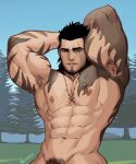  1boy abs arm_tattoo armpit_hair armpits arms_up bara beard biceps black_hair chest_tattoo completely_nude cross cross_necklace facial_hair final_fantasy final_fantasy_xv gladiolus_amicitia highres jewelry large_pectorals male_focus male_pubic_hair mature_male muscular muscular_male navel necklace nipples nude out-of-frame_censoring pubic_hair reward_available scar scar_across_eye short_hair smile solo stomach stubble tattoo whyhelbram 