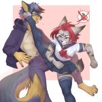  absurd_res angry bottomwear canid canine clothed clothing crossdressing duo eyes_closed felid feline girly hi_res kick legwear lynx male mammal romarom school_uniform skirt taryn_crimson uniform 