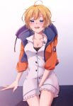  1girl apex_legends between_legs blonde_hair bloomers blue_eyes breasts cleavage collarbone cowlick drawstring hair_behind_ear hand_between_legs highres jacket looking_at_viewer medium_breasts open_mouth orange_jacket sa10yul short_hair sitting smile solo underwear wattson_(apex_legends) 