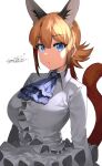  1girl alternate_costume animal_ear_fluff animal_ears ascot bangs blue_eyes blue_neckwear breasts caracal_(kemono_friends) caracal_ears caracal_tail commentary dated dress expressionless extra_ears eyebrows_visible_through_hair hair_between_eyes happa_(cloverppd) highres kemono_friends large_breasts long_hair long_sleeves looking_at_viewer orange_hair signature simple_background solo tail upper_body white_background white_dress wing_collar 