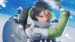  1boy apex_legends backpack bag black_eyes black_hair crypto_(apex_legends) cyborg floating_hair from_above highres holding holding_weapon jacket looking_ahead male_focus motion_blur snowing solo tamtam undercut weapon white_jacket 