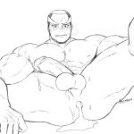  1boy abs absurdres alternate_pectoral_size anus bara blush breath buzz_cut completely_nude cum cum_while_penetrated greyscale highres implied_yaoi large_pectorals large_penis male_focus male_pubic_hair marshal_(pokemon) monochrome muscular muscular_male nipples nude penis pokemon pubic_hair short_hair solo spread_anus stomach thick_thighs thighs very_short_hair whyhelbram 