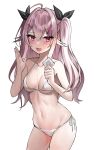  1girl bangs bare_shoulders bikini black_bow blush bow breasts collarbone condom eyebrows_visible_through_hair hair_bow hand_up hei_d highres holding holding_condom long_hair looking_at_viewer navel open_mouth original pink_hair purple_eyes small_breasts solo standing stomach swimsuit twintails white_background white_bikini 