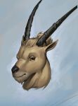  2020 anthro black_eyes black_nose blue_background bovid caprine eyebrows facial_hair fur goat goatee hair hi_res horn ibex looking_at_viewer male mammal man_bun pimpartist portrait simple_background smile solo traditional_media_(artwork) 