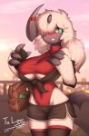  absol absurd_res anthro bag better_version_at_source big_breasts blush breasts bridge city claws clothed clothing female fluffy fluffy_hair fully_clothed fur green_eyes grin hair hi_res huge_breasts kemono long_hair name_tag nintendo outside phone pok&eacute;mon pok&eacute;mon_(species) red_clothing samsung smile solo standing sunset tia_(lunarspy) video_games white_body white_fur zinfyu 