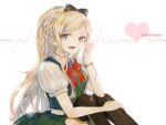  1girl ascot bangs black_bow black_legwear blonde_hair blue_eyes bow bracelet braid breasts character_name commentary_request danganronpa_(series) danganronpa_2:_goodbye_despair dress french_braid gem green_dress green_eyes hair_bow hand_up heart jewelry long_hair looking_at_viewer lower_teeth open_mouth pinafore_dress ponytail puffy_short_sleeves puffy_sleeves red_bow ribbon shirt short_hair short_sleeves sitting skirt small_breasts smile solo sonia_nevermind thighhighs white_background white_shirt xsinon 