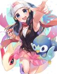  1girl :d beanie black_hair blurry bracelet commentary_request dawn_(pokemon) eyelashes floating_scarf gen_3_pokemon gen_4_pokemon hair_ornament hairclip hat highres holding holding_poke_ball jewelry long_hair looking_at_viewer milotic open_mouth ouri_(aya_pine) piplup poke_ball poke_ball_(basic) pokemon pokemon_(creature) pokemon_(game) pokemon_dppt red_scarf scarf sleeveless smile starter_pokemon teeth tongue white_headwear 