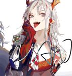  arknights coat earrings horns jewelry long_hair looking_at_viewer multicolored_hair nian_(arknights) nineo ponytail purple_eyes solo strapless streaked_hair tongue tongue_out tube tubetop 