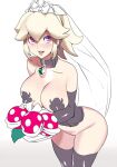 1girl blonde_hair blue_eyes blush breasts bridal_veil cleavage collar crown earrings elbow_gloves gloves highres jewelry large_breasts long_hair looking_at_viewer mario_(series) no_panties pasties piranha_plant princess_peach simple_background smile solo thighhighs ukimukai veil white_background 