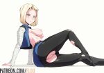  1girl android_18 ass belt black_legwear blonde_hair blue_eyes blush breasts breasts_outside crotch_cutout denim denim_skirt denim_vest dragon_ball dragon_ball_z english_commentary feet_out_of_frame fingernails flou forehead leg_up looking_at_viewer medium_breasts nipples no_bra no_panties no_shoes open_clothes open_vest pantyhose plantar_flexion pussy skirt sleeveless sleeves_past_wrists solo torn_clothes torn_legwear uncensored vest watermark web_address white_background 