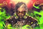  1boy apex_legends can caustic_(apex_legends) character_name colored_sclera copyright_name gas_can gas_mask green_eyes green_sclera hair_behind_ear hair_slicked_back highres holding holding_can looking_at_viewer male_focus mask mizutama_(mao11260510) mouth_mask solo upper_body white_hair 