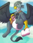  anthro avian bag beak carnival-tricks claws delivery_(commerce) diaper feathers female flying gryphon hi_res looking_down mythological_avian mythology paws smile solo wings 