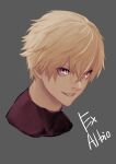  1boy absurdres blonde_hair character_name ex_albio eyes_visible_through_hair face grey_background grin hair_between_eyes highres knight male_focus nijisanji purple_eyes sabotend simple_background smile solo teeth turtleneck virtual_youtuber 