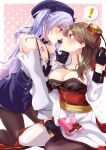  2girls absurdres ajax_(azur_lane) ajax_(valentine&#039;s_reward?)_(azur_lane) akatsuki_(aktk511) asymmetrical_legwear azur_lane beret black_choker black_gloves box box_of_chocolates breasts brown_hair candy chocolate chocolate_heart choker cleavage detached_sleeves exeter_(azur_lane) food gloves gold_trim green_eyes half_gloves hat heart high-waist_skirt highres large_breasts light_purple_hair long_hair multiple_girls official_alternate_costume pantyhose purple_eyes purple_headwear purple_skirt sash simple_background skirt two-tone_legwear yellow_sash yuri 