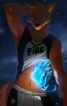  2021 angiewolf anthro blue_eyes canid canine detailed_background digital_media_(artwork) fox male mammal navel night outside sky smile solo star starry_sky 