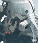  agent_416_(girls_frontline) black_gloves blue_coat coat cropped dated facial_mark gas_mask girls_frontline gloves green_eyes grey_gloves gun hair_ornament highres hk416_(girls_frontline) holding holding_gun holding_weapon hood hood_down long_hair mask multicolored multicolored_clothes multicolored_gloves seyana signature tom_clancy&#039;s_the_division two-tone_gloves watch weapon white_hair wristwatch 