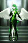  2021 absurd_res anthro breasts clothed clothing detailed_background digital_media_(artwork) equid equine feathers female green_eyes green_hair hair hi_res horn mammal mykegreywolf smile solo standing white_body white_feathers winged_unicorn wings 