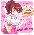  1girl bangs blush breasts brown_eyes brown_hair dated dress food girls_und_panzer happy_valentine heart holding holding_menu koyama_yuzu kuromori_yako light_smile looking_at_viewer menu pie pink_background pink_dress ponytail puffy_short_sleeves puffy_sleeves shirt short_sleeves smile thought_bubble valentine waitress white_shirt 