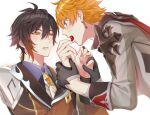  2boys bangs black_gloves blood blush chisuke_1104 finger_licking genshin_impact gloves hair_between_eyes jacket jewelry licking long_hair long_sleeves male_focus multiple_boys open_mouth orange_hair red_scarf scarf simple_background single_earring tartaglia_(genshin_impact) tongue upper_body white_background yaoi yellow_eyes zhongli_(genshin_impact) 