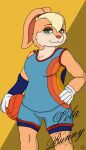  absurd_res anthro ball basketball basketball_(ball) blonde_hair blue_eyes blush clothed clothing darknetic digital_media_(artwork) female fur gloves hair handwear happy hi_res lagomorph leporid lola_bunny looney_tunes mammal rabbit simple_background smile solo space_jam sportswear tan_body tan_fur warner_brothers 