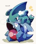  alternate_color biting bubble drooling flower gen_4_pokemon gible highres jacknaiff no_humans open_mouth pokemon pokemon_(creature) saliva sharp_teeth shiny_pokemon sitting tail tail_wagging teeth tongue white_flower 