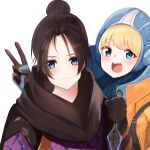  2girls apex_legends bangs black_hair black_scarf blonde_hair blue_eyes blue_gloves blush bodysuit forehead gloves hair_bun head_tilt highres holding holding_knife hood hood_up jacket knife looking_at_viewer multiple_girls open_mouth orange_jacket parted_bangs scarf shizukuishi_reina smile upper_body v wattson_(apex_legends) white_background wraith_(apex_legends) 