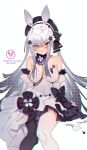  1girl animal_ear_legwear animal_ears bare_shoulders black_legwear black_ribbon blush breasts bunny_ears commentary detached_sleeves dress english_text feet_out_of_frame flower girls_frontline green_eyes hair_flower hair_ornament hair_ribbon highres hk416_(girls_frontline) large_breasts long_hair looking_at_viewer mismatched_legwear purple_headwear ribbon simple_background sitting solo soukou_makura sweatdrop symbol_commentary teardrop_tattoo thighhighs v-shaped_eyebrows white_background white_dress white_hair white_legwear white_sleeves 