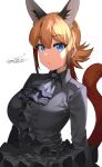  1girl alternate_costume animal_ear_fluff animal_ears ascot bangs black_dress black_neckwear blue_eyes breasts caracal_(kemono_friends) caracal_ears caracal_tail commentary dated dress expressionless extra_ears eyebrows_visible_through_hair hair_between_eyes happa_(cloverppd) highres kemono_friends large_breasts long_hair long_sleeves looking_at_viewer orange_hair signature simple_background solo tail upper_body white_background wing_collar 