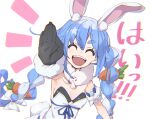  1girl ^^^ ^_^ ^o^ animal_ear_fluff animal_ears arm_garter black_gloves black_leotard blush bow braid breasts bunny_ears bunny_tail carrot_hair_ornament cleavage closed_eyes commentary don-chan_(usada_pekora) dress eyebrows_visible_through_hair facing_viewer food_themed_hair_ornament fur-trimmed_gloves fur_scarf fur_trim gloves hair_between_eyes hair_ornament hair_ribbon hololive leotard long_hair looking_at_viewer medium_breasts multicolored_hair open_mouth outstretched_arm palms ribbon simple_background smile solo strapless strapless_dress tail thick_eyebrows translated tress_ribbon twin_braids twintails two-tone_hair upper_body usada_pekora ushiki_yoshitaka virtual_youtuber white_background white_bow white_dress 