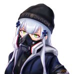  1girl agent_416_(girls_frontline) bangs black_bodysuit black_headwear blue_hair blue_jacket blush bodysuit eyebrows_visible_through_hair gas_mask girls_frontline green_eyes haonfest_art hat hk416_(girls_frontline) jacket long_hair looking_at_viewer mask police police_hat police_uniform solo_focus tom_clancy&#039;s_the_division uniform white_background 