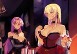  2girls azur_lane bare_shoulders black_dress blonde_hair breasts cocktail_glass cup detached_collar detached_sleeves dress drinking_glass duke_of_york_(azur_lane) duke_of_york_(carola_of_the_eternal_night)_(azur_lane) evening_gown full_moon highres indoors king_george_v_(azur_lane) king_george_v_(rose&#039;s_regalia)_(azur_lane) lace-trimmed_sleeves lace_trim large_breasts long_hair looking_at_viewer moon multiple_girls official_alternate_costume pink_hair red_dress red_eyes red_nails ribbon_braid sleeveless sleeveless_dress strapless strapless_dress uyuyuun wine_glass 