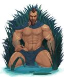  1boy abs absurdres arm_tattoo bara bare_pecs beard blue_cape brown_hair cape dark_skin dark_skinned_male facial_hair highres large_pectorals league_of_legends leg_tattoo looking_at_viewer male_focus male_pubic_hair mature_male mohawk muscular muscular_male navel navel_hair nipples pantheon_(league_of_legends) partially_submerged pelvic_curtain penis plant pubic_hair reward_available scar scar_on_chest short_hair solo spread_legs stomach tattoo thick_thighs thighs whyhelbram 