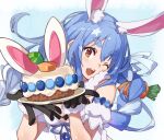  1girl animal_ear_fluff animal_ears arm_garter black_gloves black_leotard blue_background blush braid breasts bunny_ears cake carrot carrot_cake carrot_hair_ornament commentary don-chan_(usada_pekora) dress eyebrows_visible_through_hair food food_themed_hair_ornament fur_scarf gloves hair_between_eyes hair_ornament highres holding holding_plate hololive icing leotard light_blue_hair long_hair looking_at_viewer medium_breasts multicolored_hair one_eye_closed open_mouth plate red_eyes simple_background smile solo strapless strapless_dress symbol-shaped_pupils thick_eyebrows twin_braids twintails two-tone_hair upper_body usada_pekora ushiki_yoshitaka virtual_youtuber white_dress white_hair 